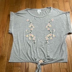 Blue Rain Gray Crop Tie Front Short Sleeve Tee